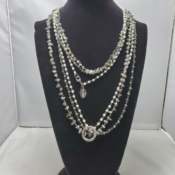 Ali Khan set of 3 link rope necklace in semi precious chips glass pearl/crystal - Picture 1 of 9